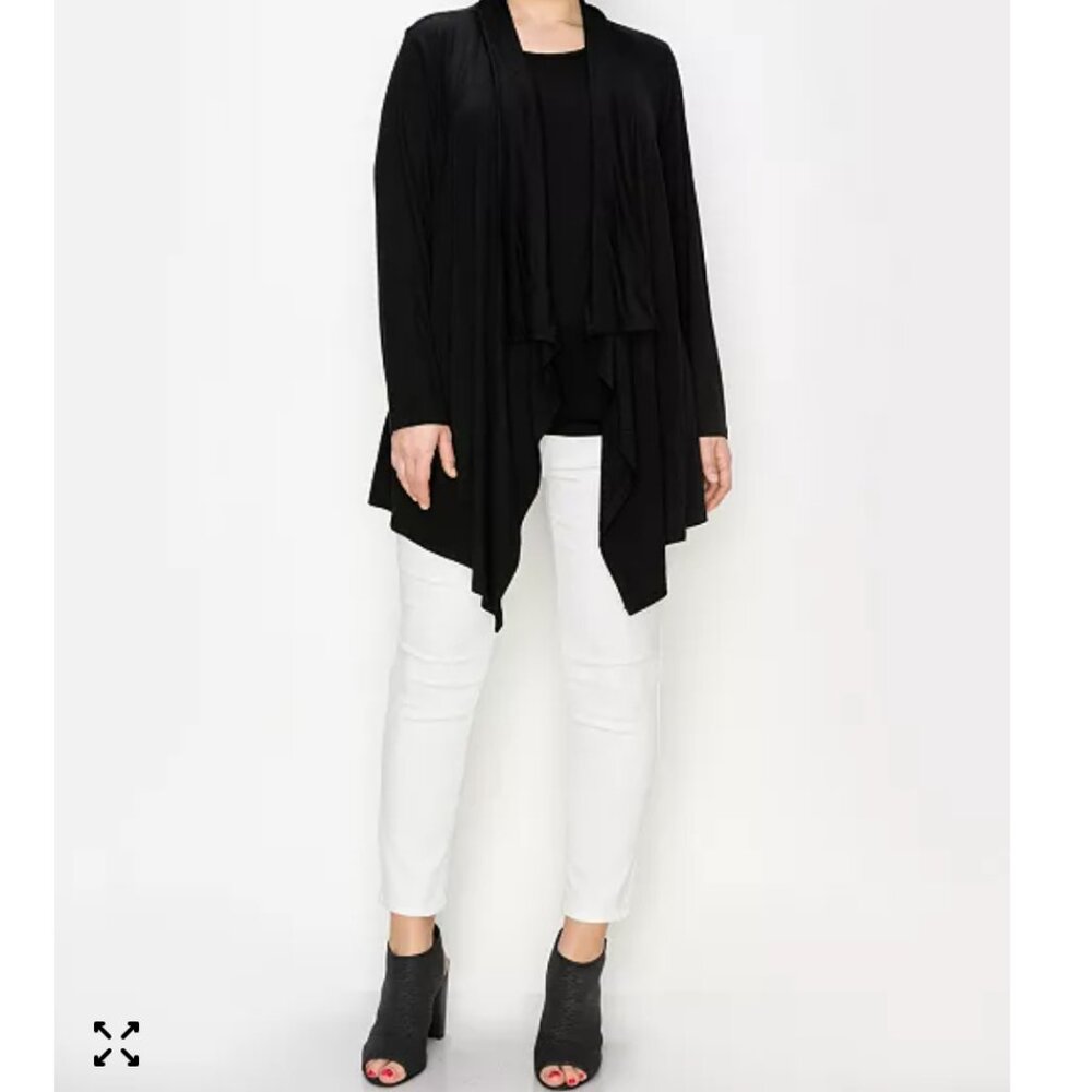 Fluxus Black Flowy Draped High-Low Open Front Long Sleeve Sweater Cardigan Sz S